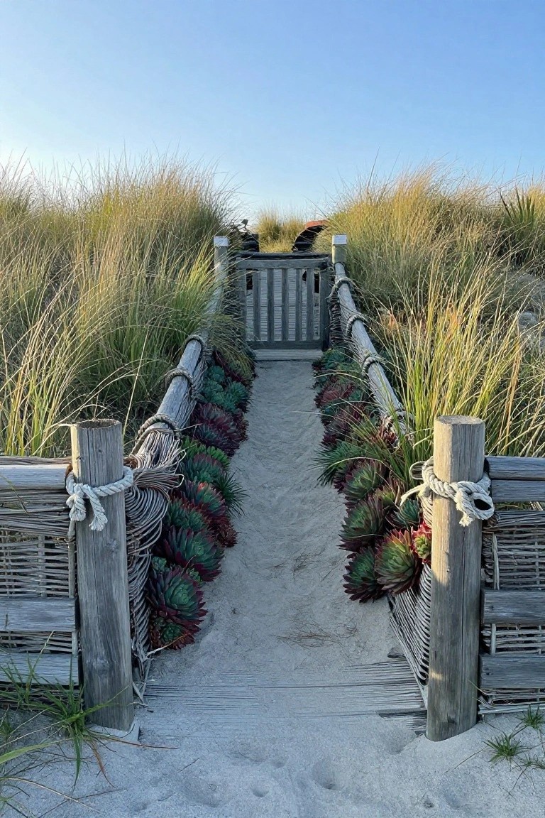 Sandy path lined with colorful succulents between wooden fences leading to a gate in dunes
