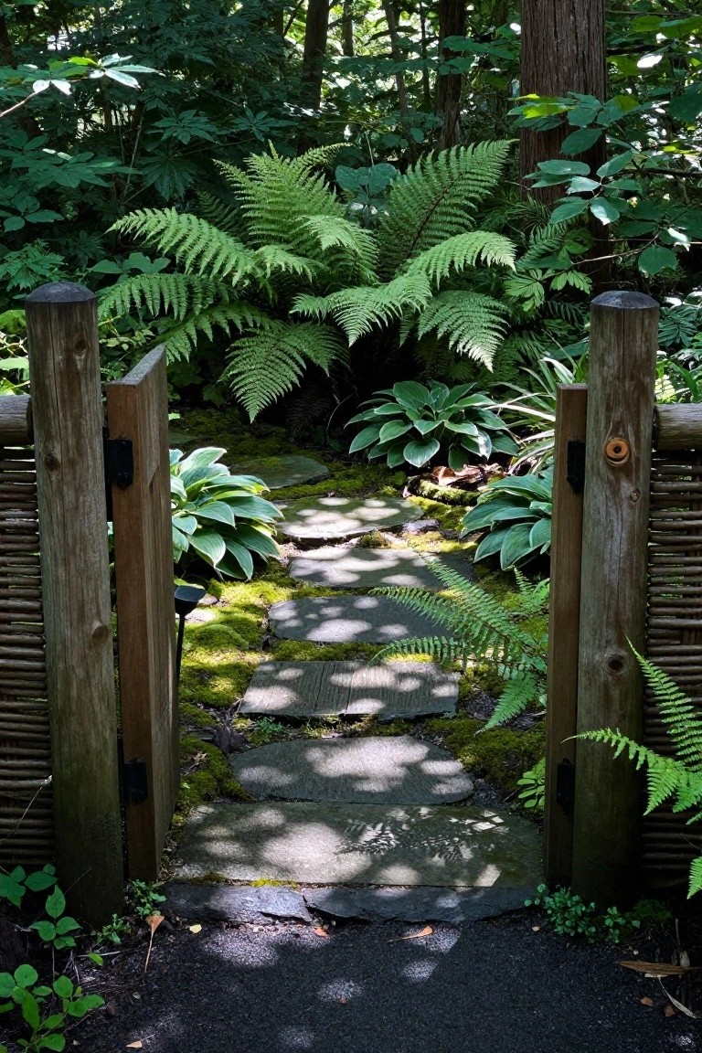 Open wooden gates frame a mossy stone path through lush ferns and forest trees.