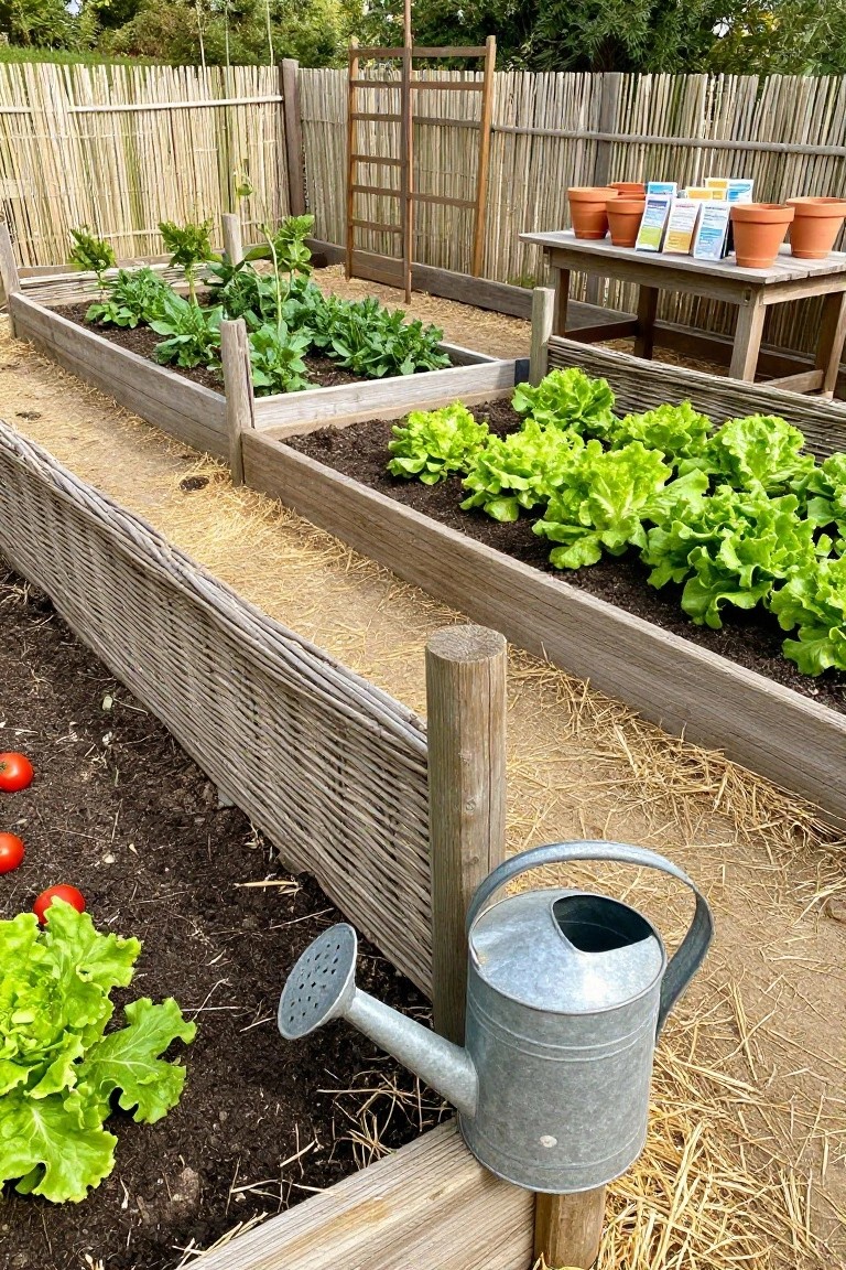 A vegetable garden featuring multiple raised wooden beds with woven wood edging, straw-covered paths, rows of green lettuce, and a metal watering can resting on one of the bed frames.