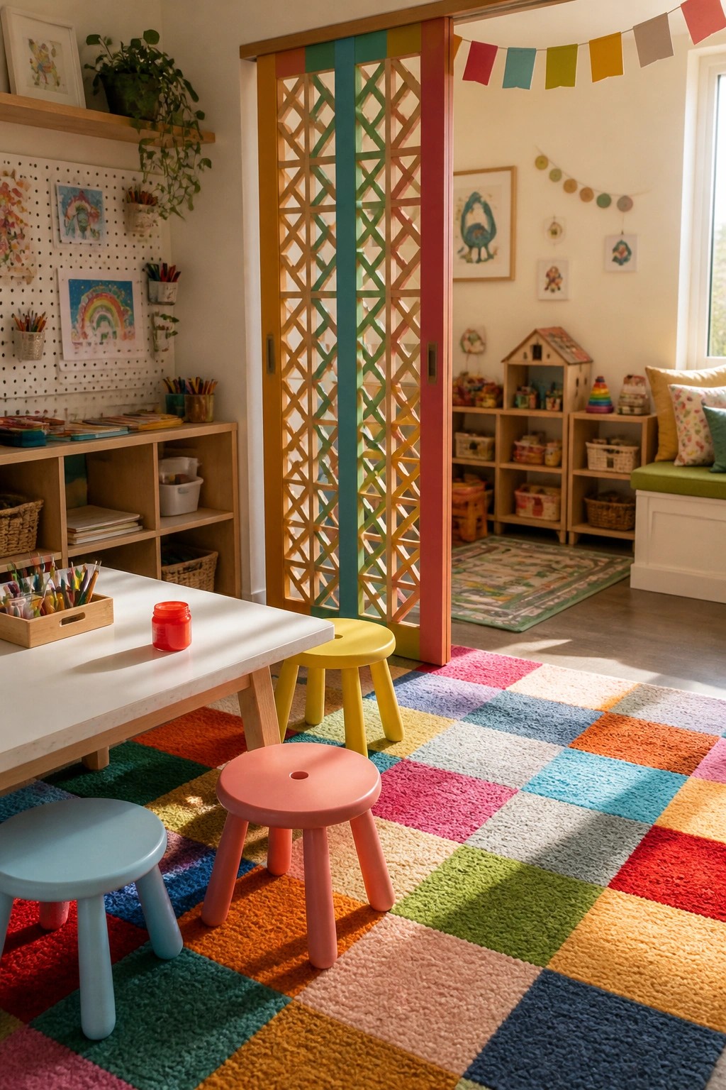 A brightly painted wooden lattice door stands open between a children's art room with a white table and colorful stools and an adjacent playroom with storage shelves and a window seat.