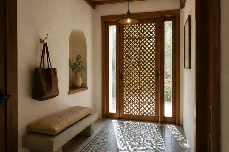 A wooden front door with an intricate jali screen panel stands at the end of a hallway with patterned tile flooring, a concrete bench on the left, and a recessed niche with a vase on the right.