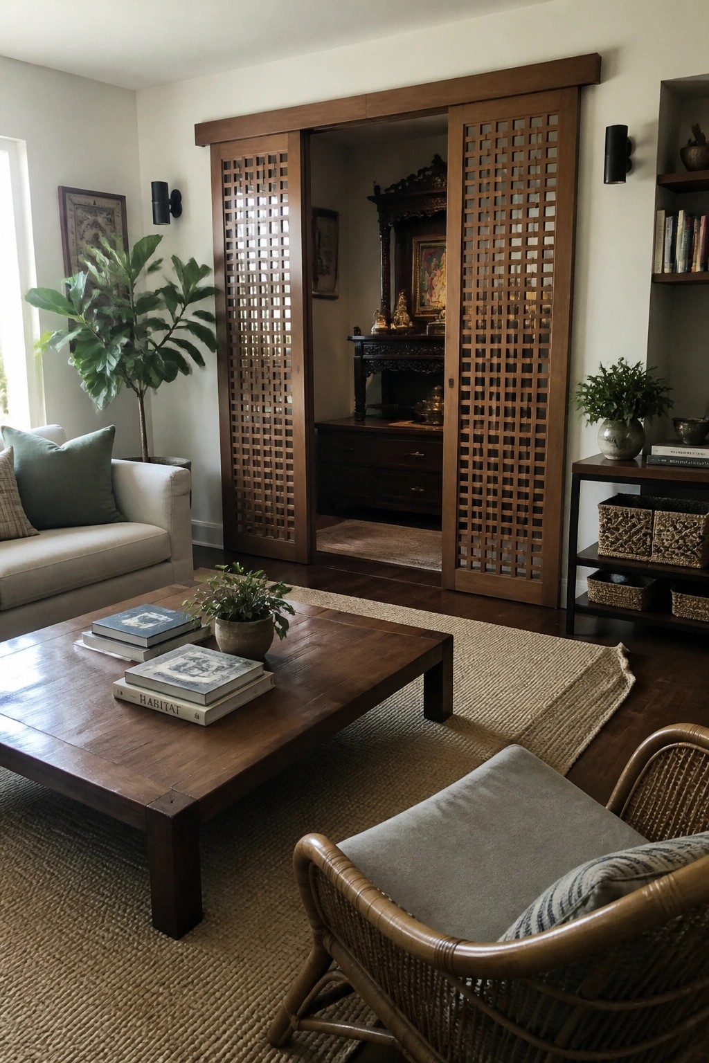 A living room view showing large wooden sliding doors with a lattice pattern, partially open to reveal a dark wood cabinet in the room beyond.