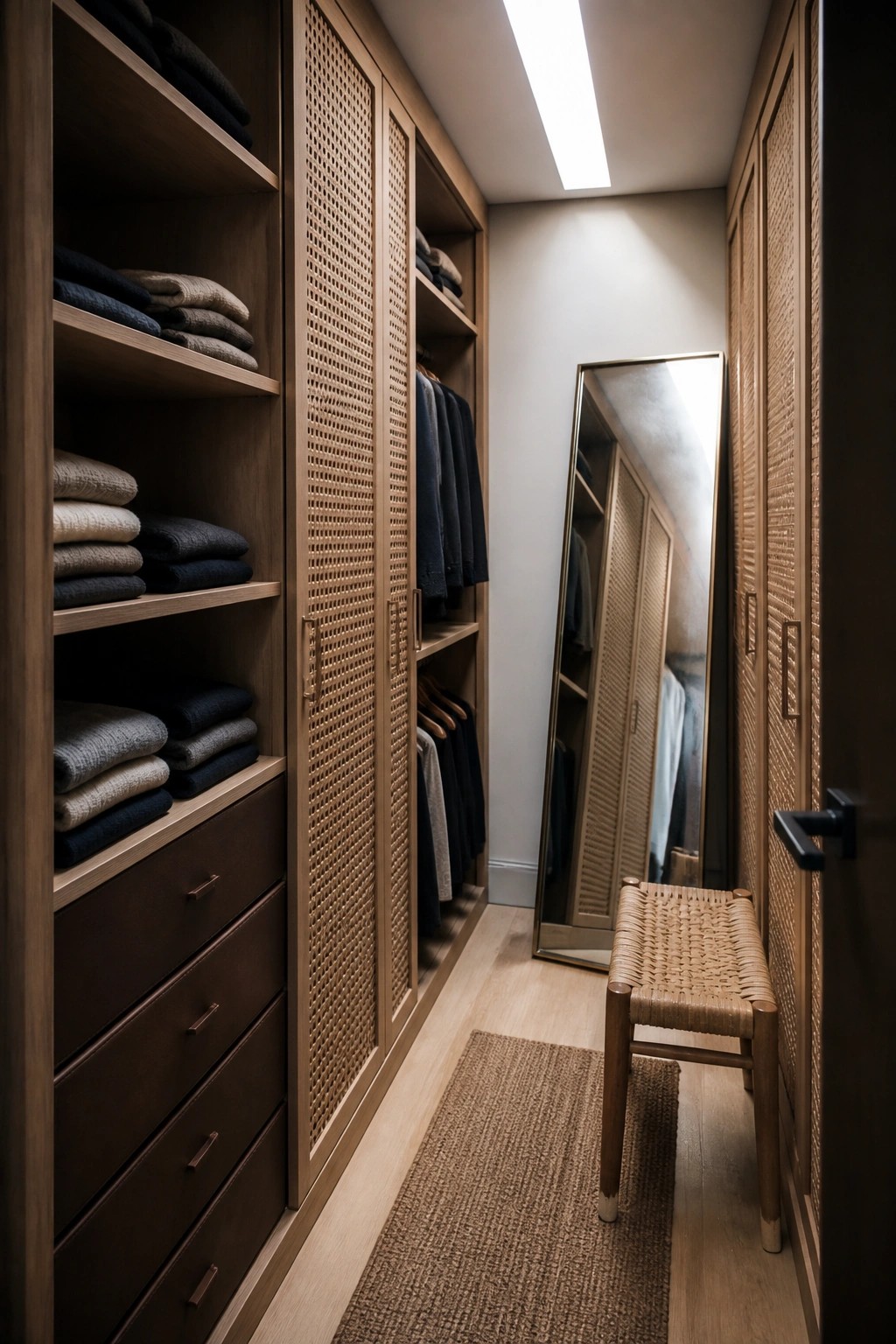 Modern wooden walk-in closet with folded clothes, cane doors, mirror, and woven stool.