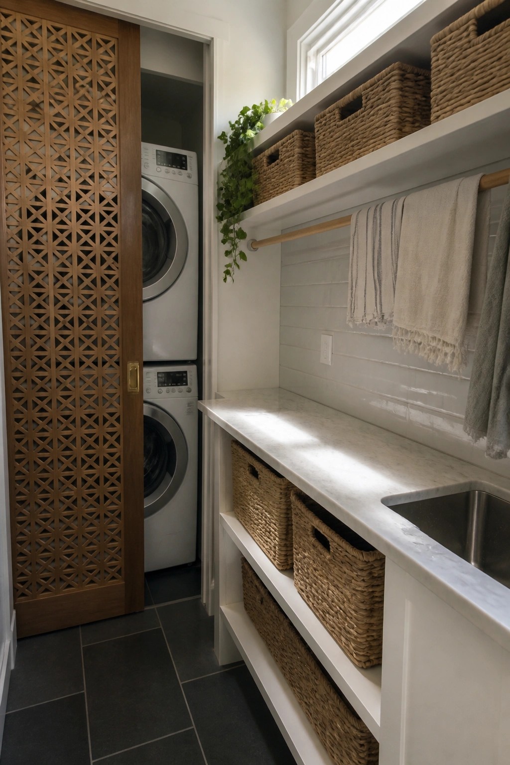 A laundry room featuring an open wooden lattice door revealing stacked white washer and dryer units next to white shelving with woven baskets and a marble countertop sink.