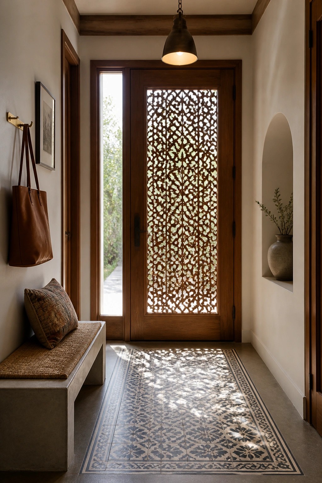 A wooden front door with an intricate jali screen panel stands at the end of a hallway with patterned tile flooring, a concrete bench on the left, and a recessed niche with a vase on the right.