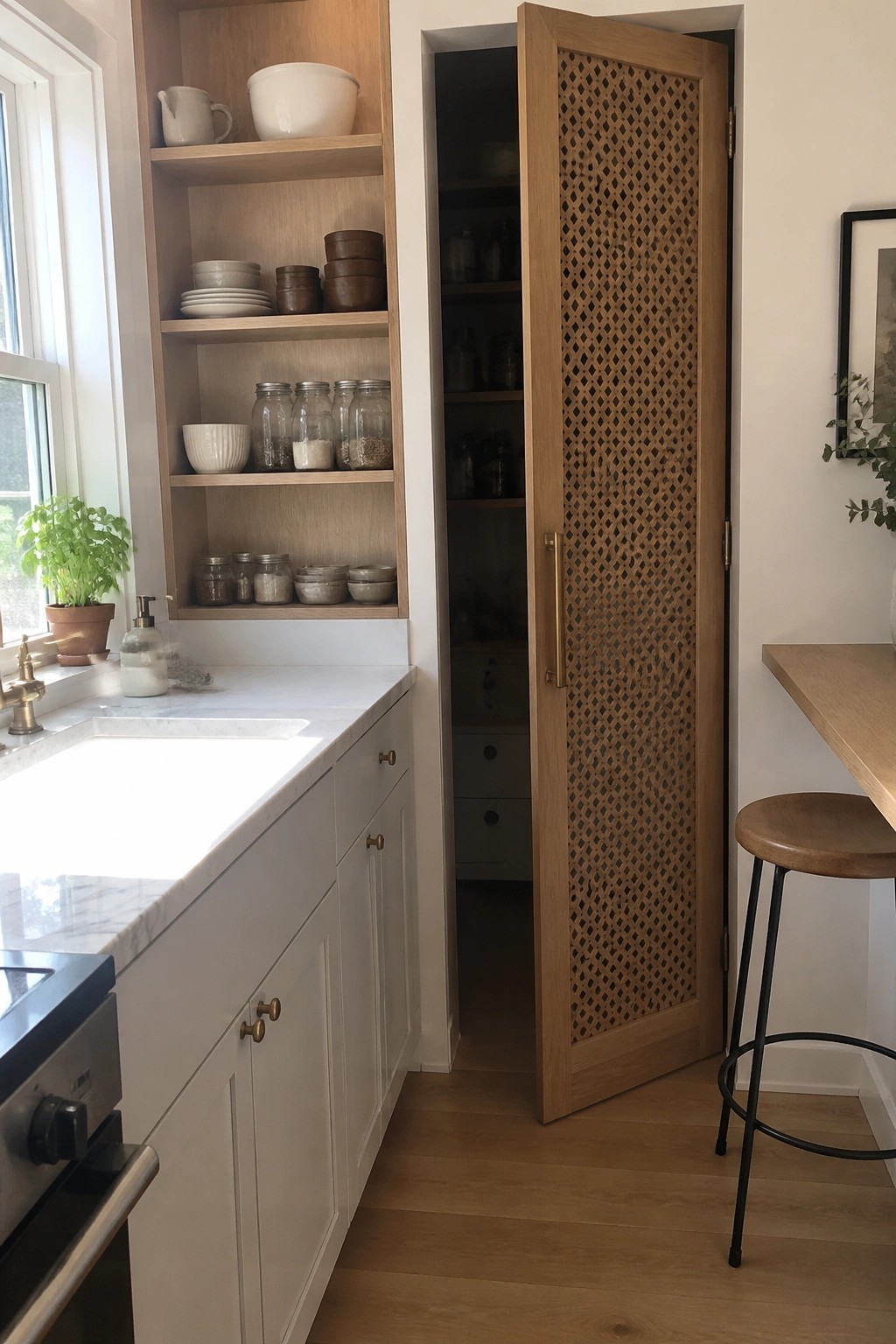 Modern kitchen with white cabinets, marble sink, open shelves, and lattice door.