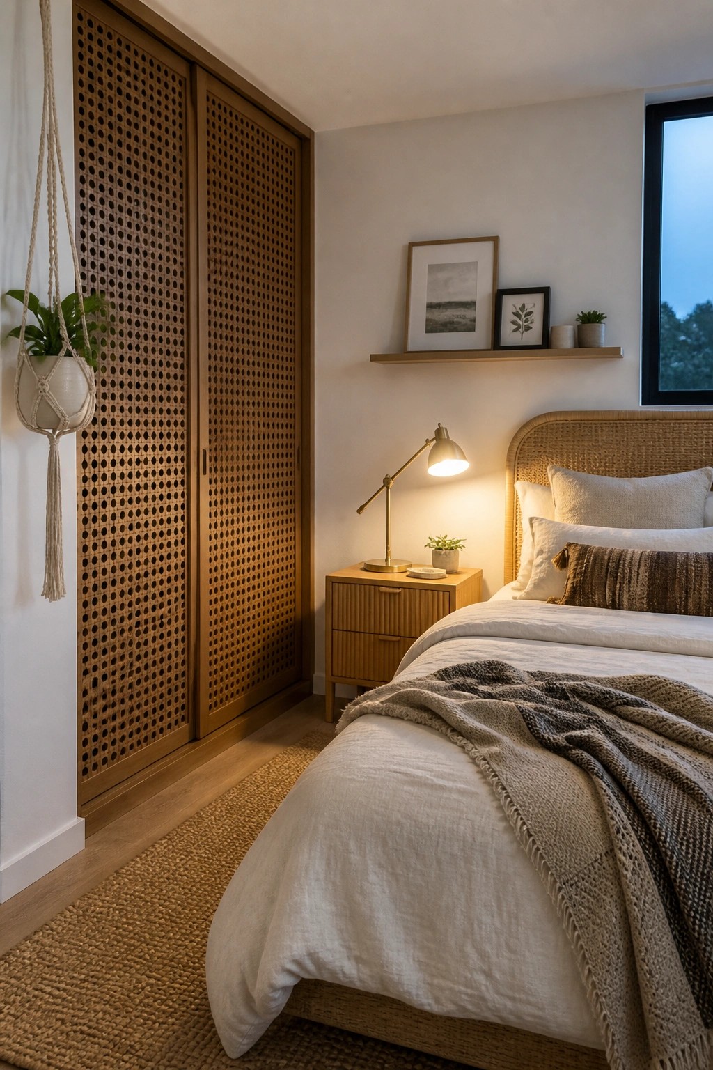 Bedroom interior with wooden sliding doors featuring a circular jali lattice pattern, positioned beside a bed with white bedding and a woven rattan headboard.