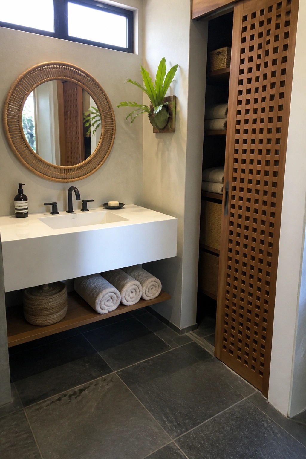 A bathroom interior shows a white floating vanity, round woven mirror, and an open wooden lattice door revealing shelves with folded towels.