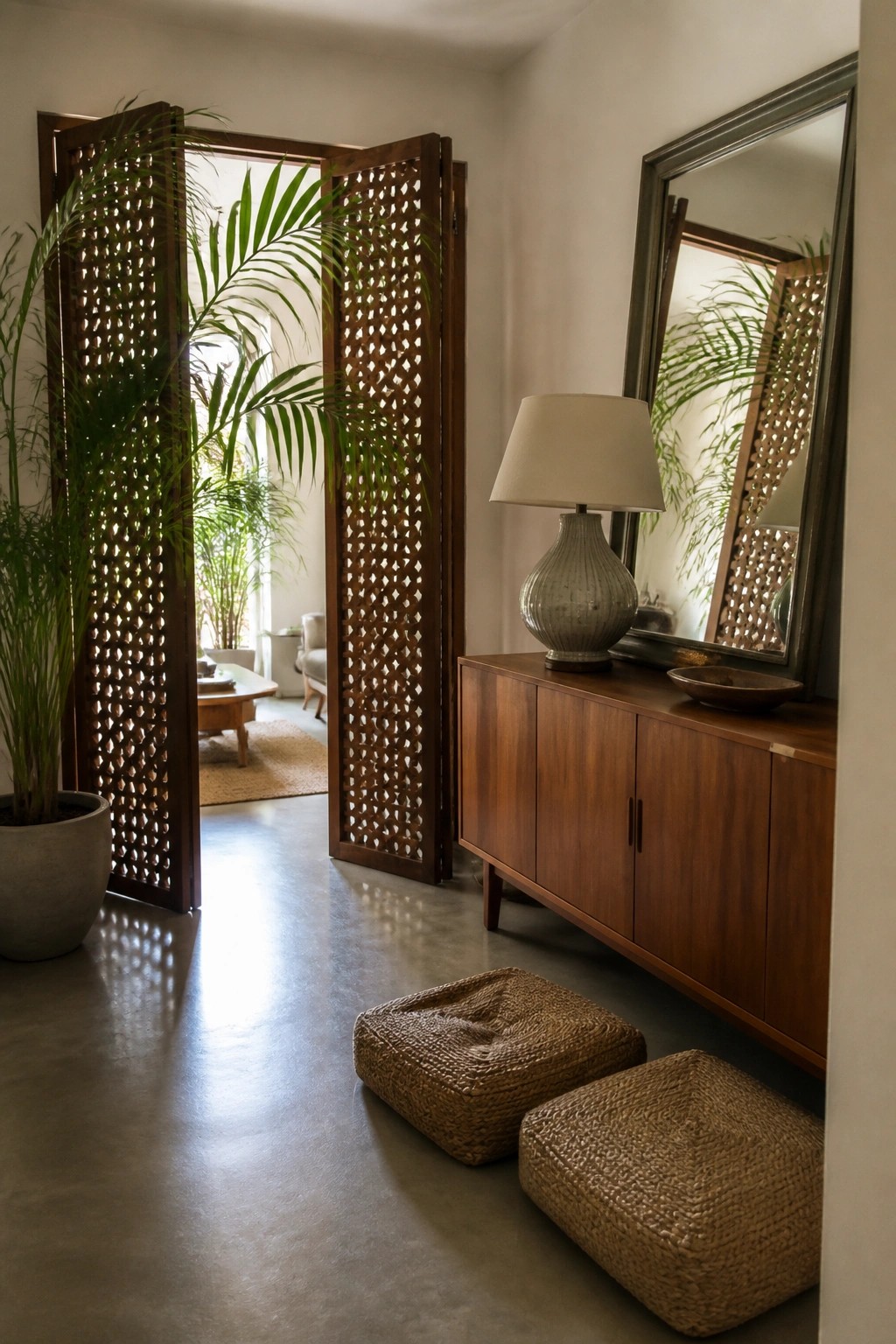 Open wooden jali doors with geometric cutouts stand next to a wooden cabinet topped with a lamp in a concrete-floored interior.