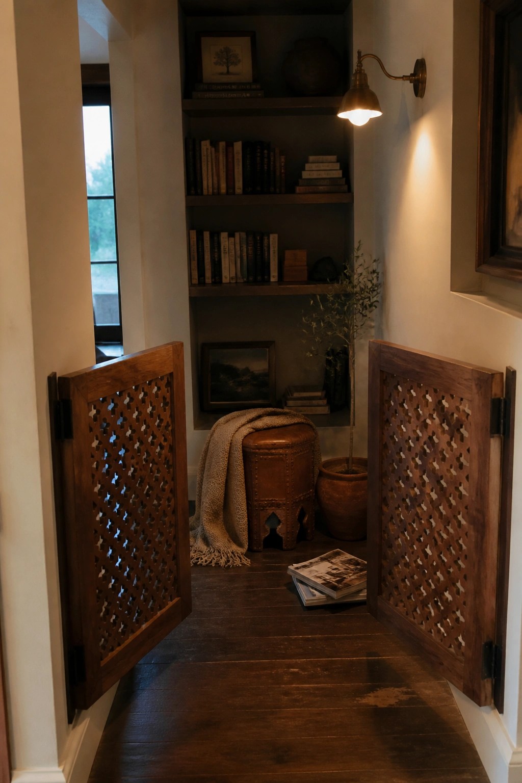 Open wooden lattice doors frame a narrow interior hallway with built-in bookshelves and a small seating area.