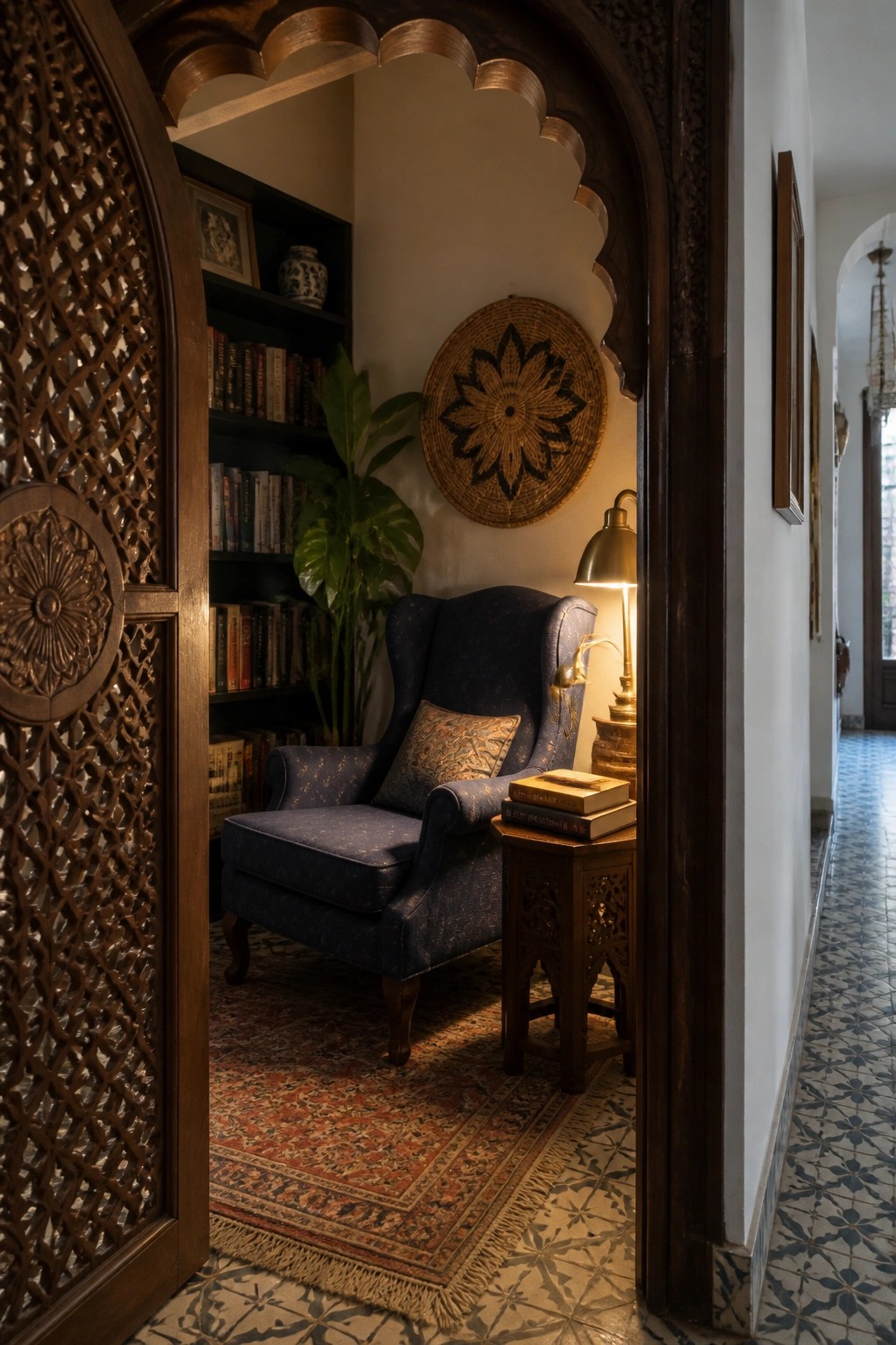 A view through an open carved wooden jali door into a cozy interior corner with a blue armchair, bookshelves, a small side table, and a woven wall hanging.