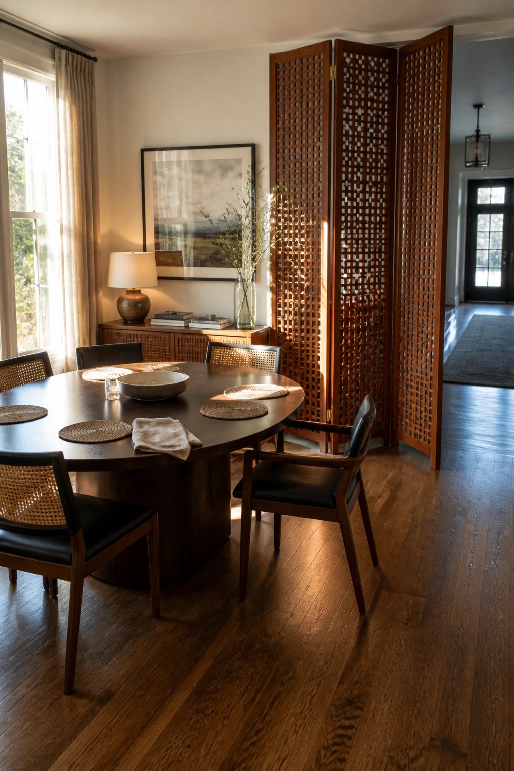 Round wooden dining table with black leather chairs beside lattice room divider in sunlit room