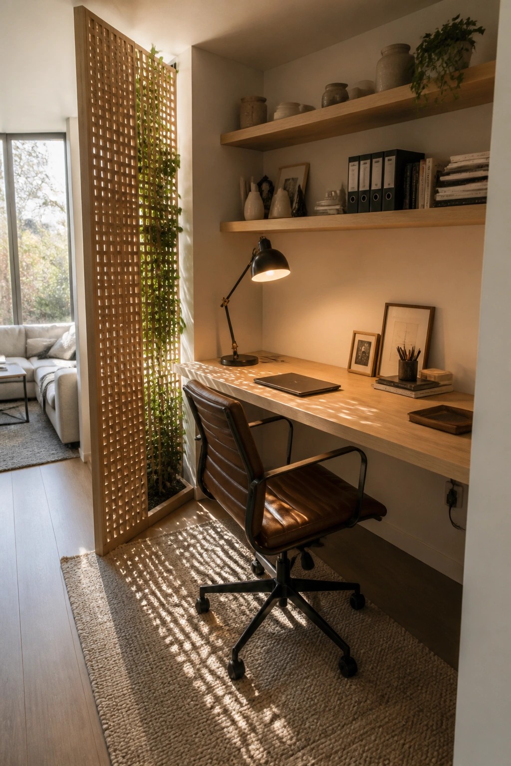 Sunlit wooden home office desk with brown leather chair and floating shelves