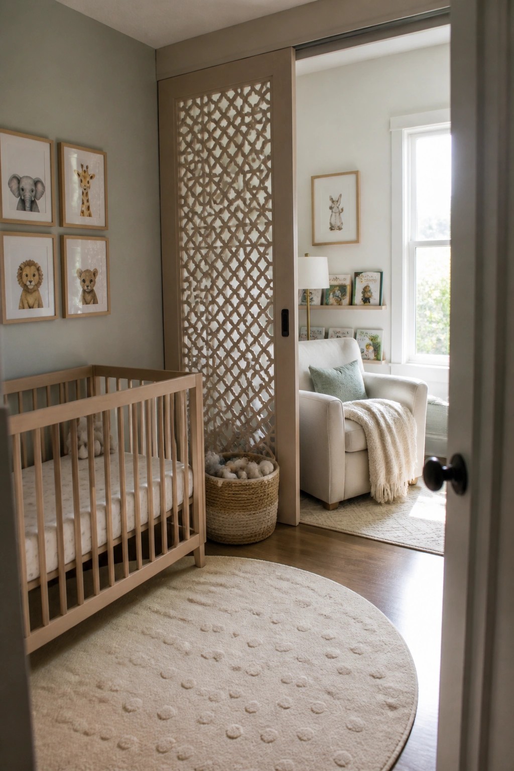 A nursery interior showing a wooden crib, round rug, framed animal prints on a sage wall, and a sliding wooden lattice screen door opening to a seating area with a white armchair.