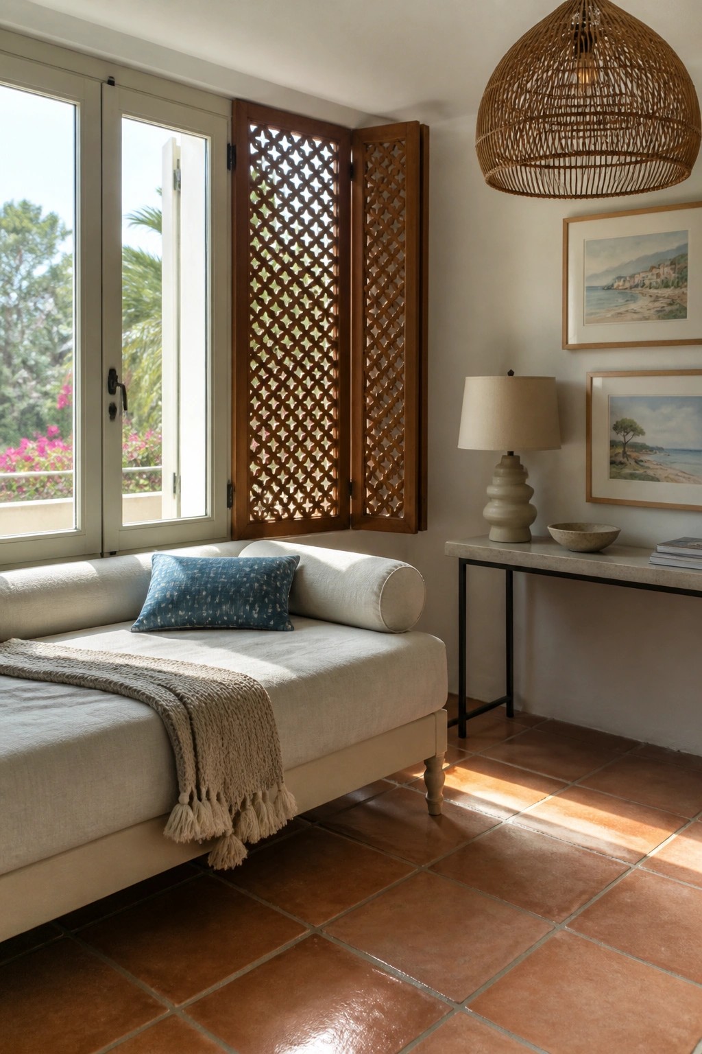 Sunlit beige daybed with blue pillow, wooden lattice shutters, terracotta tiles, woven pendant.