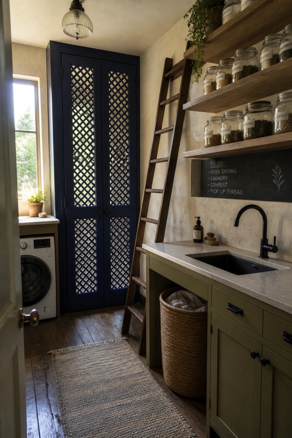 A utility room interior showing dark blue double doors with a lattice pattern, green cabinetry, a black sink, wooden open shelves holding labeled jars, a woven basket, and a washing machine visible through an open doorway.