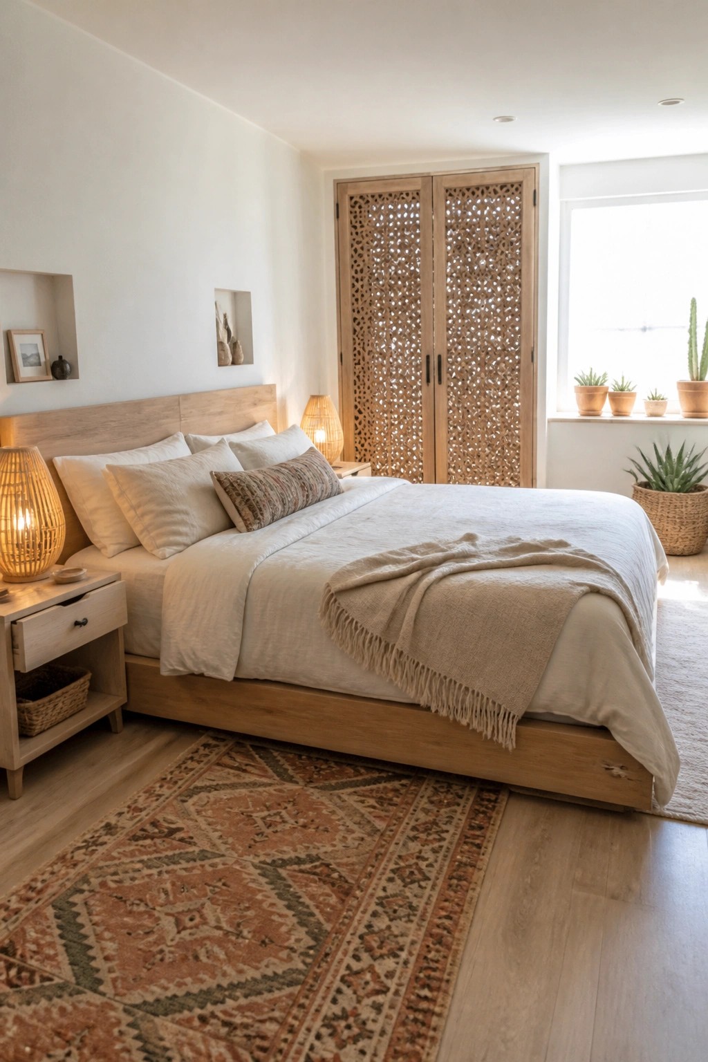 A light-filled bedroom with a wooden platform bed dressed in white linens and two tall carved wooden jali doors standing against the back wall.