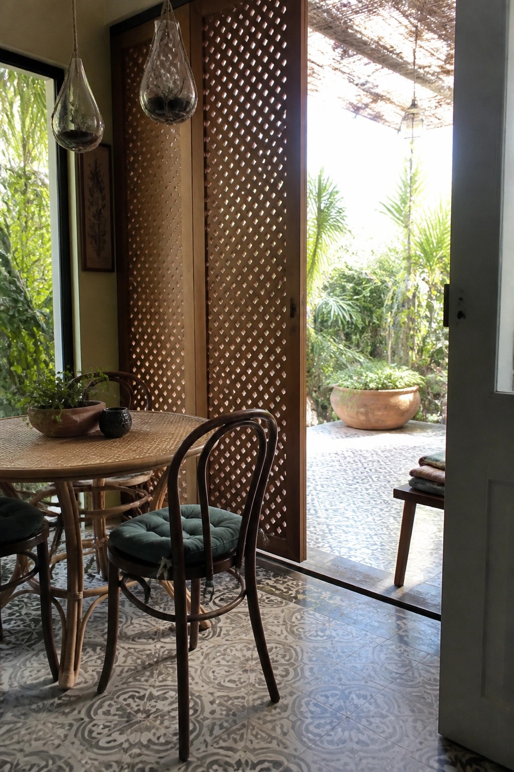 An open wooden jali door with a diamond lattice pattern stands between a rattan dining table and an outdoor patio with potted plants.