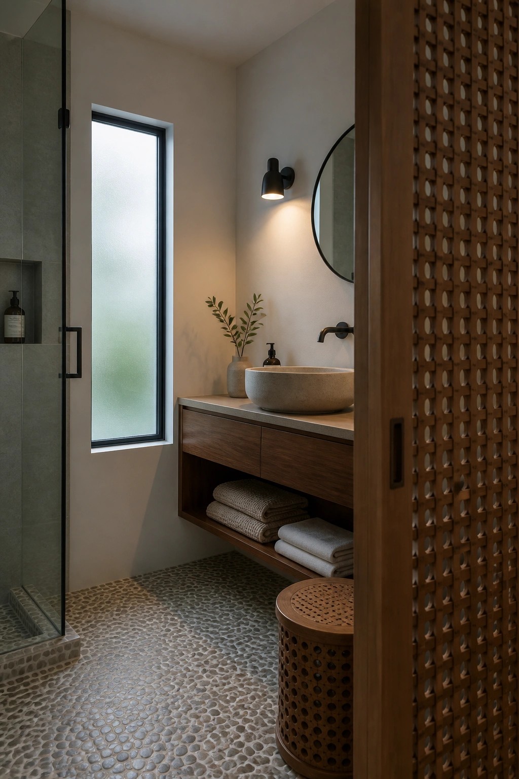 A bathroom interior viewed through an open wooden jali lattice door, showing a floating wood vanity with stone vessel sink, pebble tile floor, and tall frosted window.