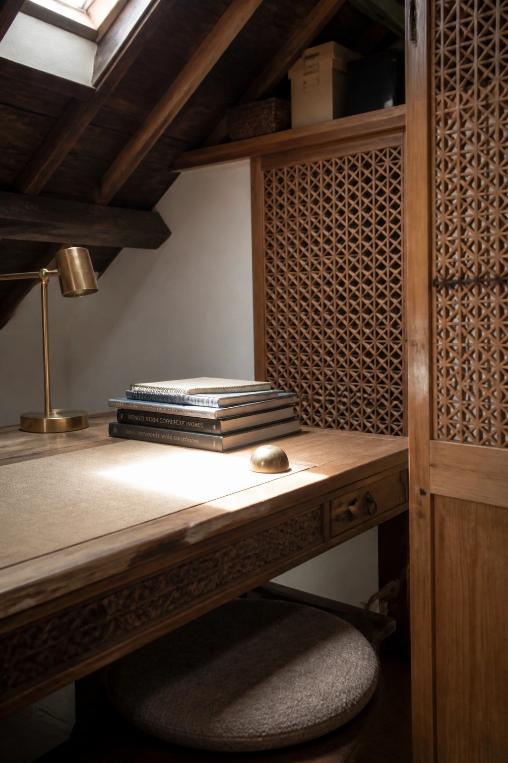 A wooden desk with stacked books and a brass lamp sits beneath exposed beams in front of a carved wooden jali screen.