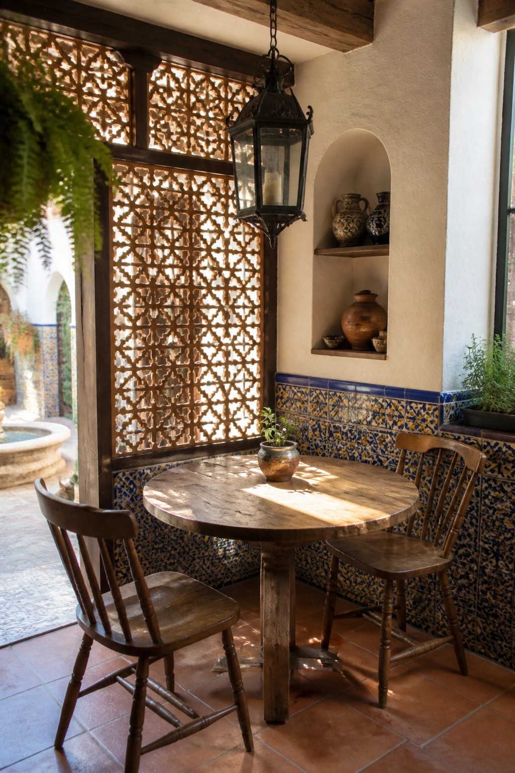 A round wooden table with two chairs sits on a tiled patio next to a large decorative wooden lattice screen under a hanging lantern.