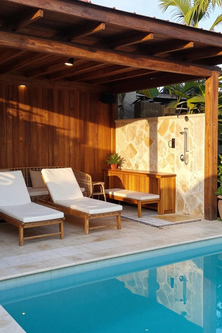 A covered wooden patio with two lounge chairs beside a swimming pool, an outdoor shower on a stone wall, and tropical plants in the background.