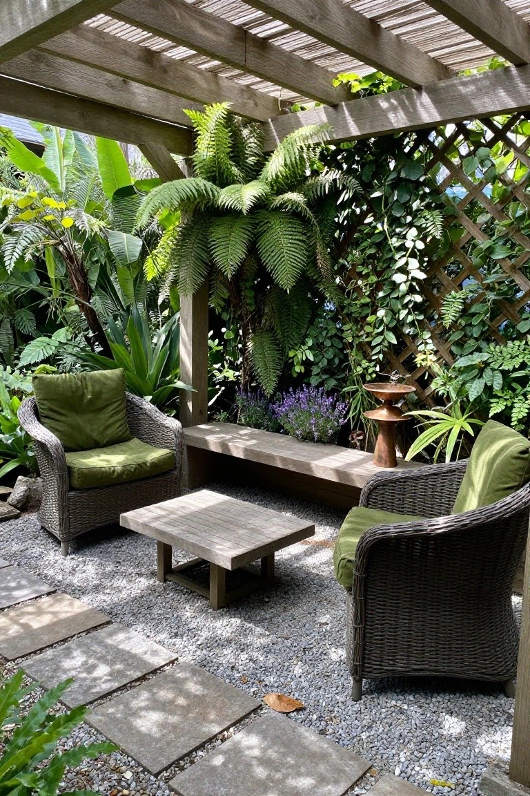 A wooden pergola shades a gravel patio with a built-in bench, two wicker armchairs with green cushions, a low wooden table, and surrounding plants.
