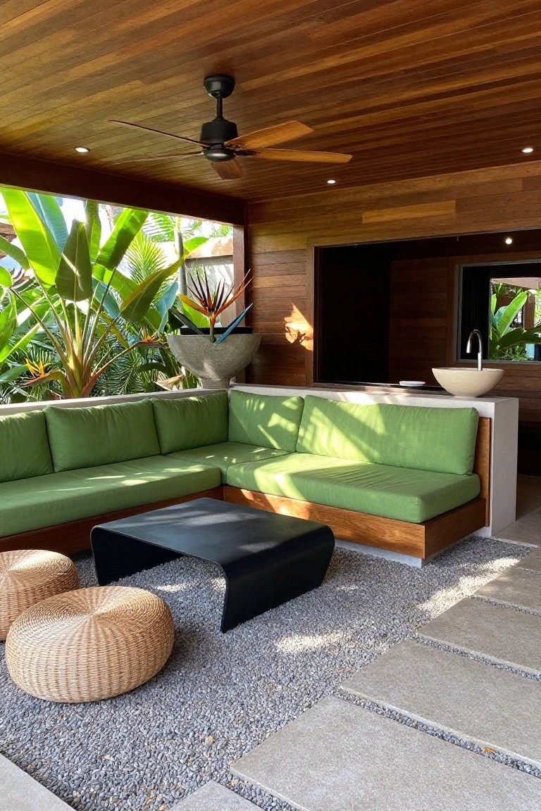 A covered wooden patio features an L-shaped built-in bench with green cushions, a black coffee table, woven poufs on gravel, and a ceiling fan mounted on wood plank ceiling.