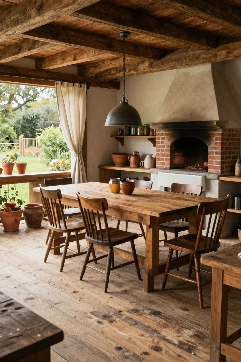 Rustic wooden dining table with chairs in farmhouse kitchen beside brick fireplace