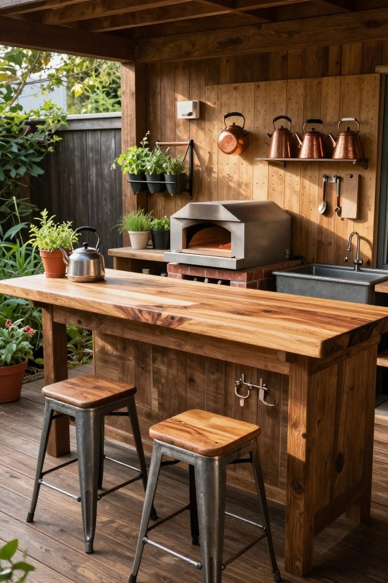 A covered wooden patio with a large wood counter, two metal stools, a built-in oven, sink, and hanging copper pots along the back wall.