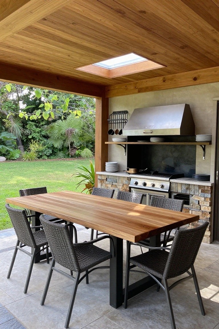 Wooden dining table with woven chairs beside stone outdoor kitchen under skylight