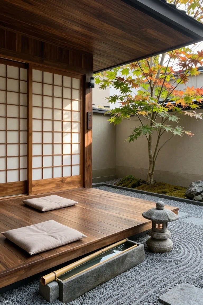 A low wooden deck with two cushions beside a stone trough holding a bamboo water spout, a stone lantern on raked gravel, and a maple tree in the background.
