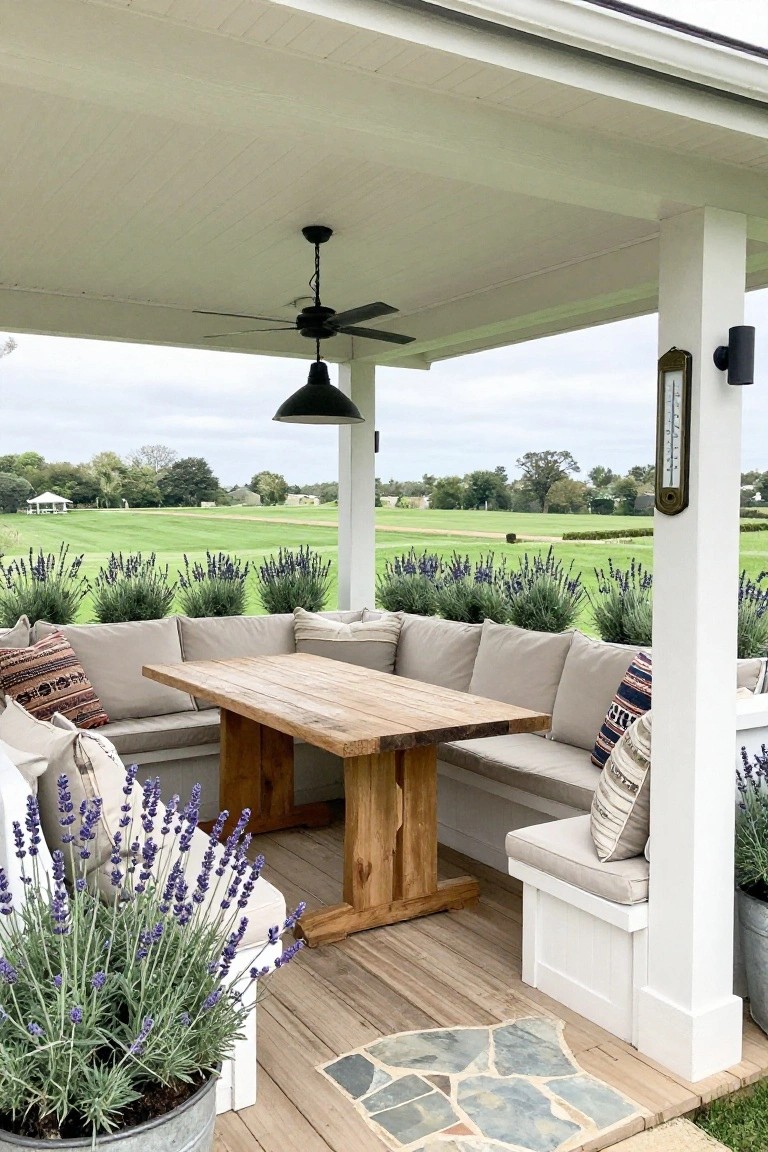 Covered porch with rustic wooden table, cushioned bench, potted lavender, and field view