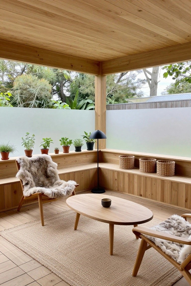 A covered wooden patio featuring built-in perimeter benches, a round wooden coffee table on a woven rug, two armchairs with sheepskin throws, potted plants along the ledge, and woven baskets on the bench.