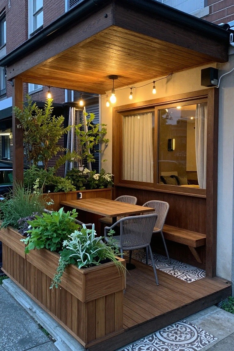 A covered wooden patio featuring a dining table with chairs, a built-in bench, string lights, and large wooden planters filled with various plants along the sides.