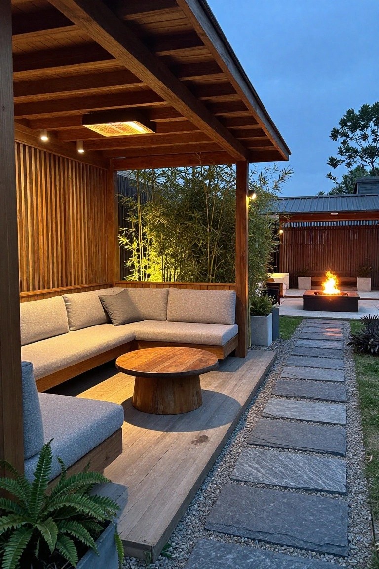 Wooden covered patio with L-shaped built-in cushioned seating, round wood table, and stone pathway leading to a fire pit area.
