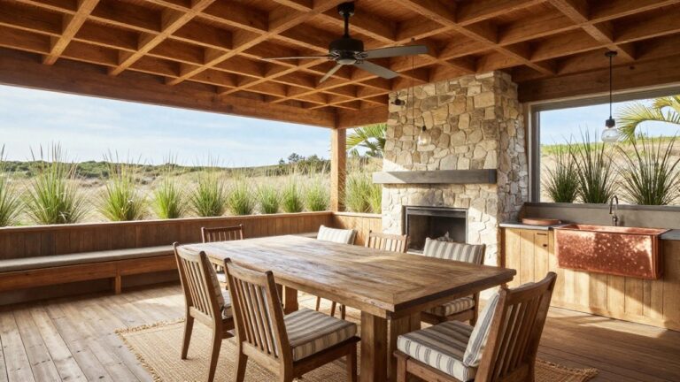 A covered wooden patio with a long rustic dining table, cushioned benches, a stone fireplace on the left, and an outdoor kitchen with a copper sink on the right.