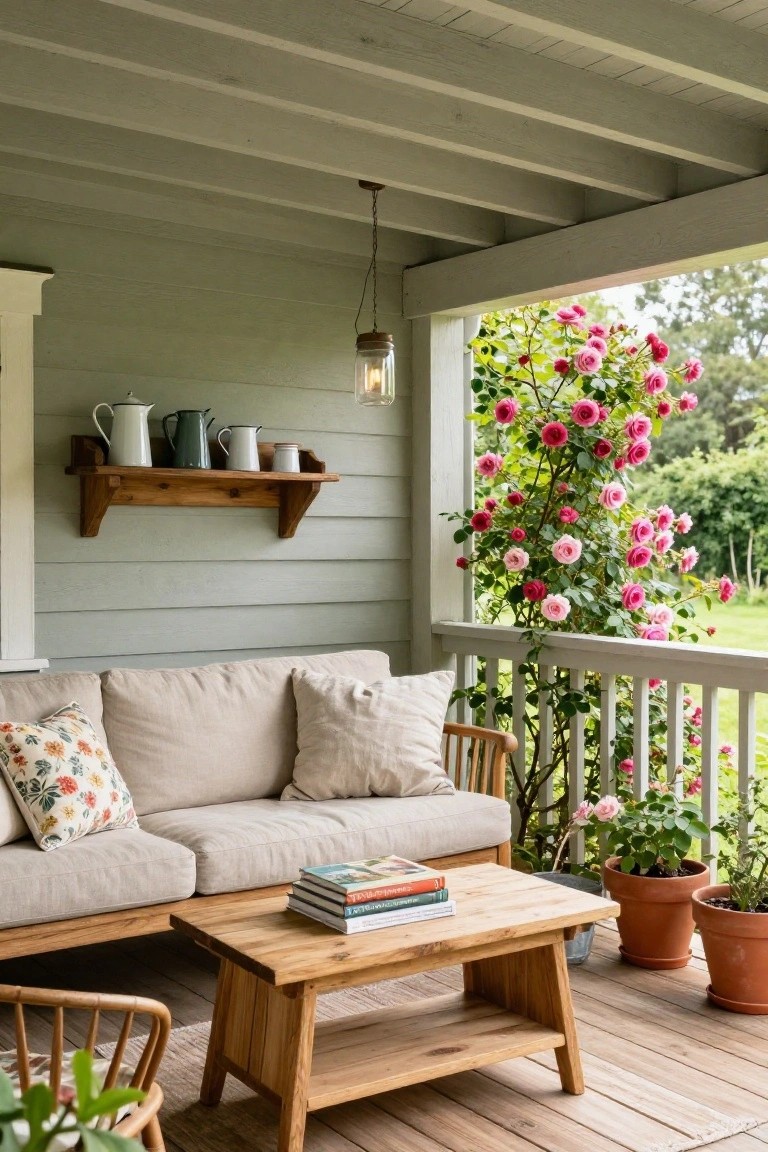 A covered wooden porch features a beige sofa, wooden coffee table with stacked books, hanging glass lantern, and pink climbing roses along the white railing.
