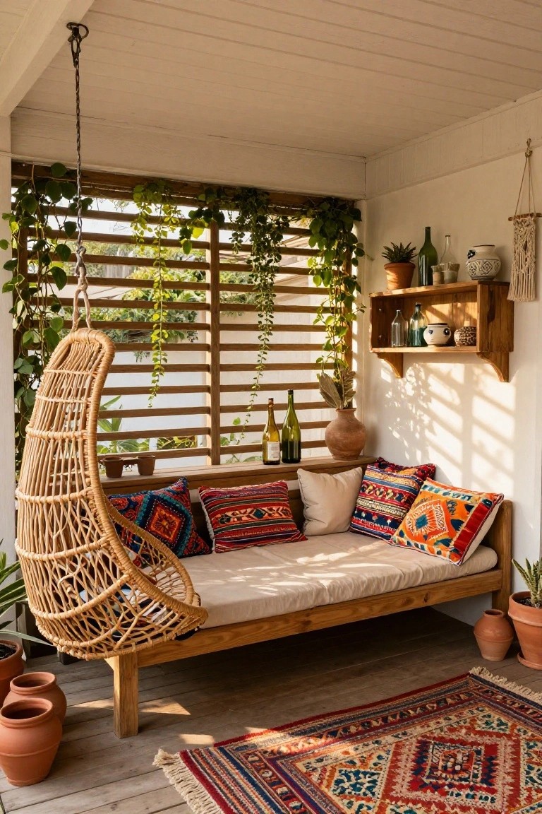 A covered wooden patio with a hanging wicker chair beside a long bench topped with cushions, wooden shelves on the wall, and potted plants on the floor.