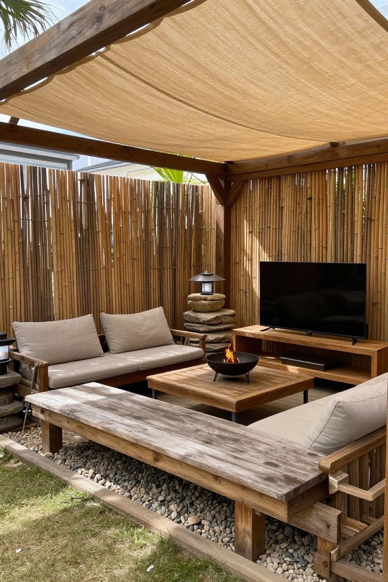 Rustic wooden patio with beige sofas, fire pit, TV, bamboo walls, and shade sail.
