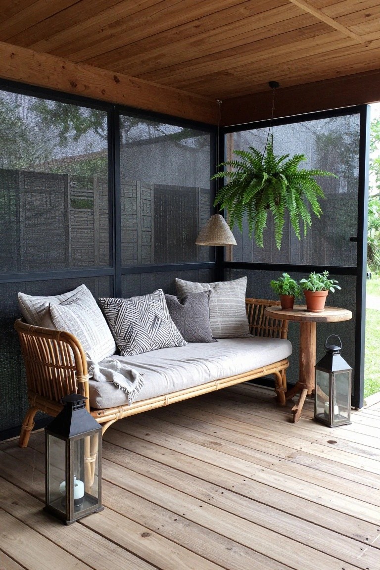 A covered wooden patio with a rattan sofa, cushions, hanging fern, potted plants on a side table, and two black lanterns on the deck.