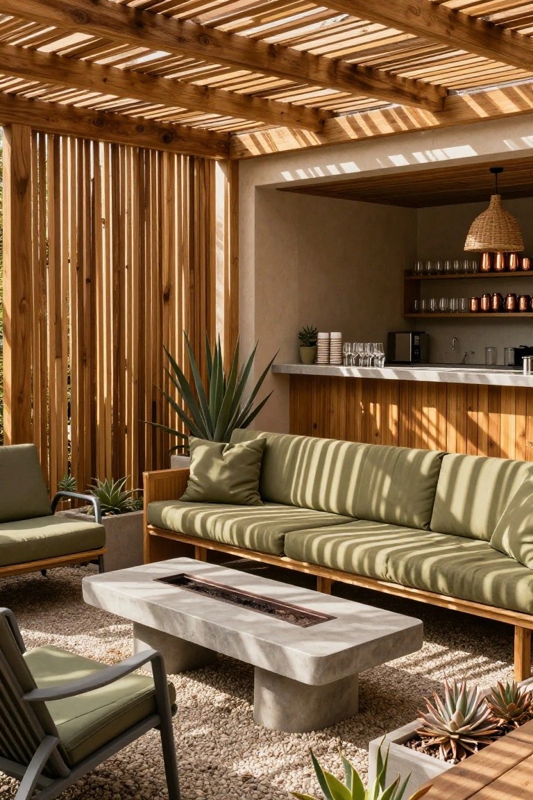 A covered wooden patio features a long green sectional sofa facing a concrete fire pit table, with vertical wood slats on one side and a bar counter in the background.
