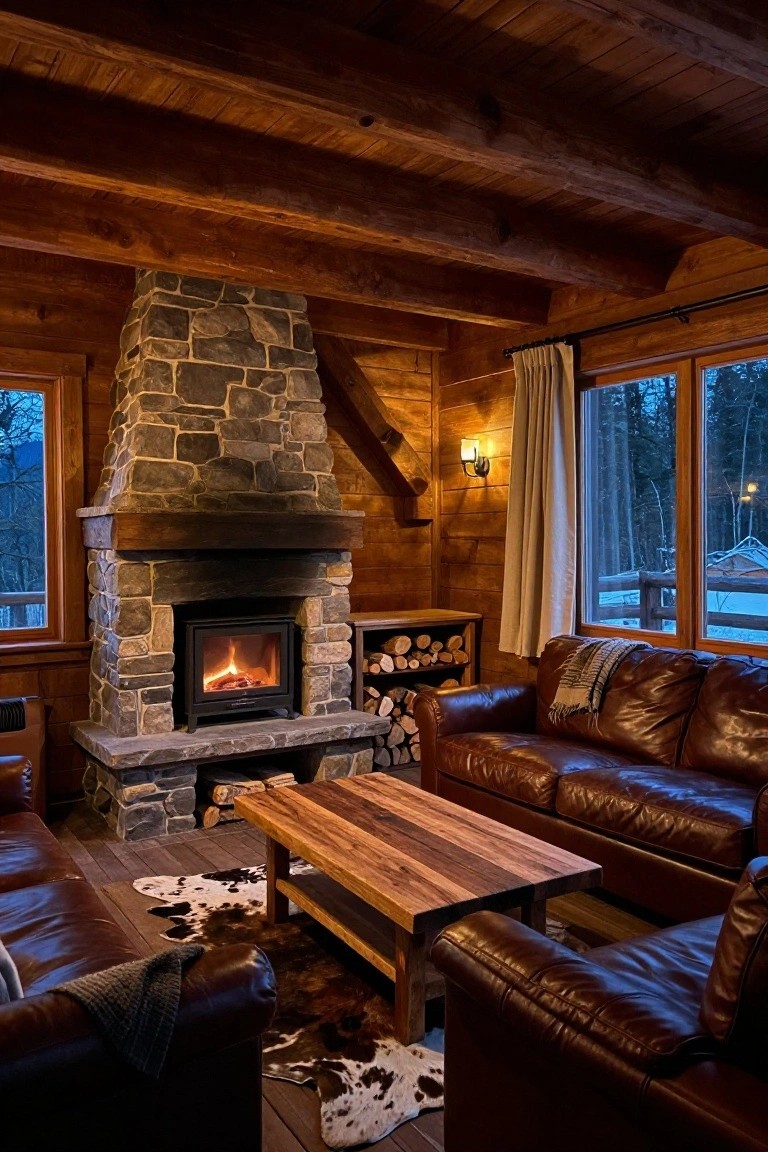 A rustic living room with a large stone fireplace, brown leather sofas, wooden ceiling beams, and a fire burning inside the hearth.