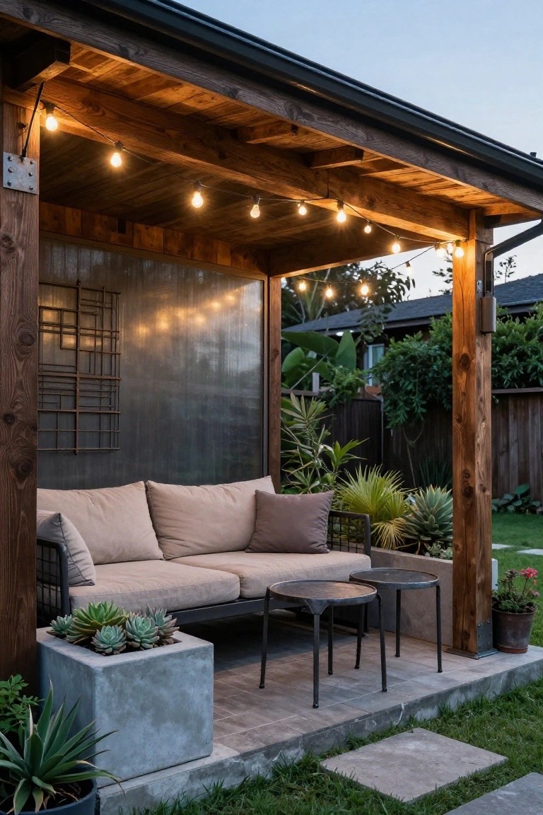 A covered wooden patio with string lights along the ceiling beams, a cushioned outdoor sofa, two metal side tables, and concrete planters holding succulents.