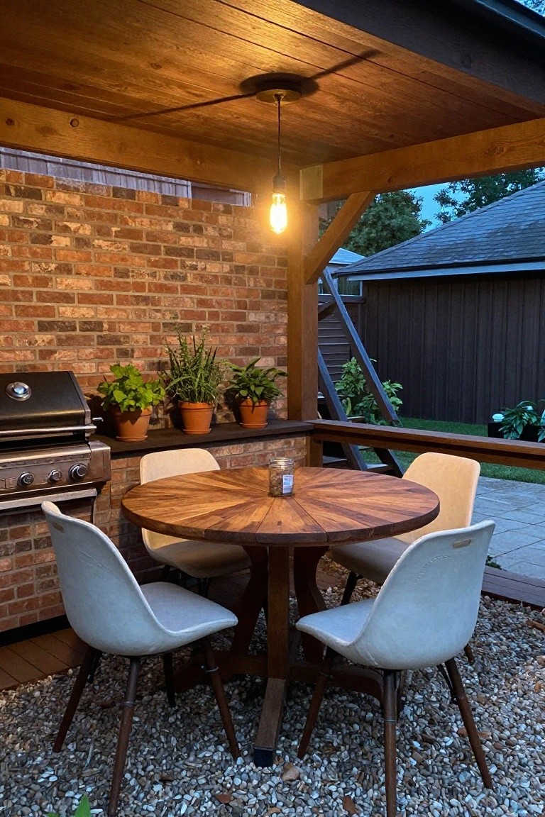 A round wooden table with four upholstered chairs sits on gravel under a wooden covered patio beside a brick wall with a grill and potted plants.