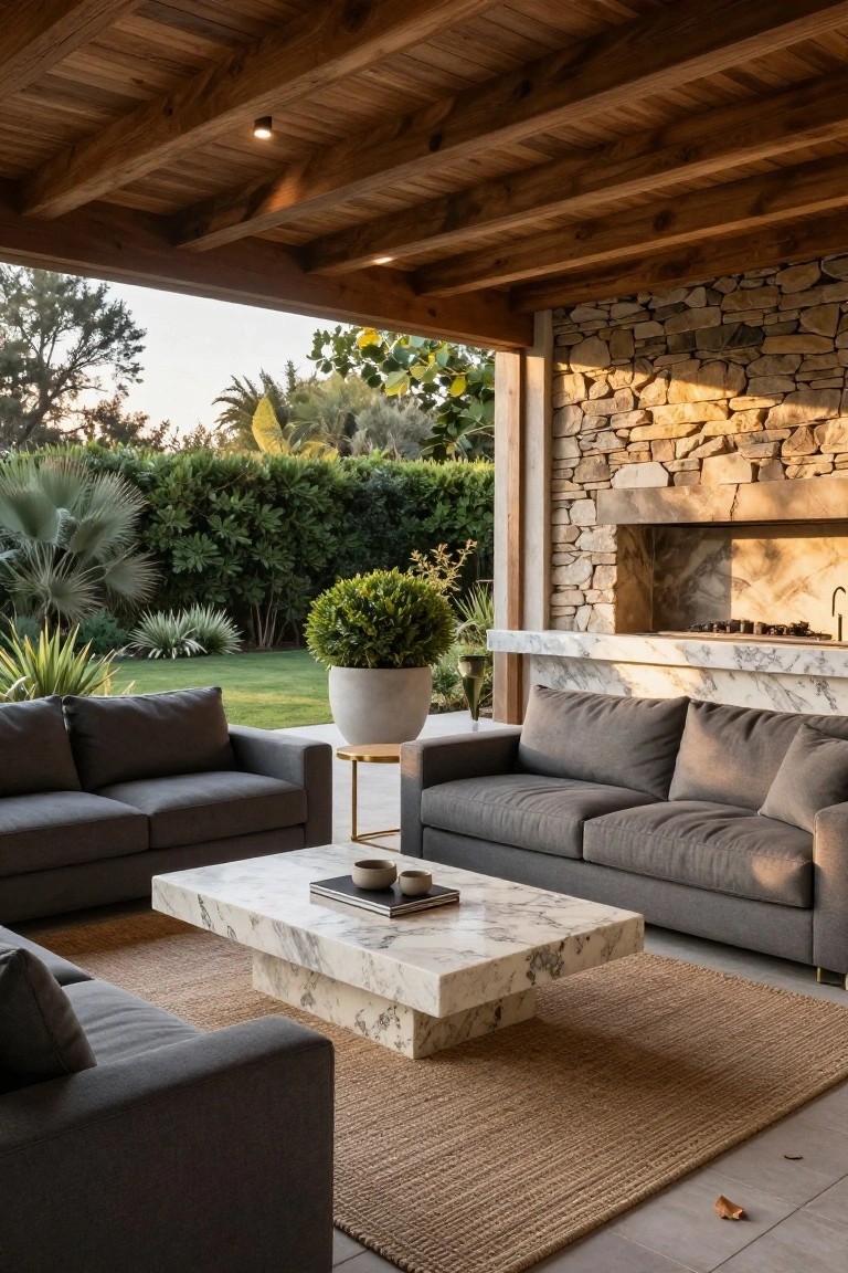 A covered patio with gray upholstered sofas, a marble coffee table on a woven rug, and a large stone fireplace beneath exposed wooden ceiling beams.