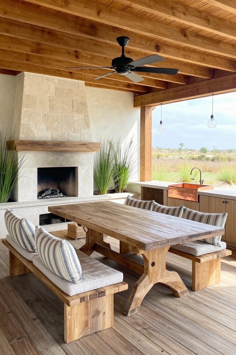 A covered wooden patio with a long rustic dining table, cushioned benches, a stone fireplace on the left, and an outdoor kitchen with a copper sink on the right.