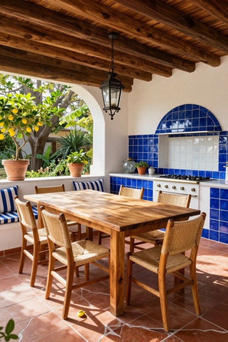 A covered patio features a wooden ceiling with exposed beams, a large wooden dining table, woven chairs, and a blue tiled outdoor kitchen area.
