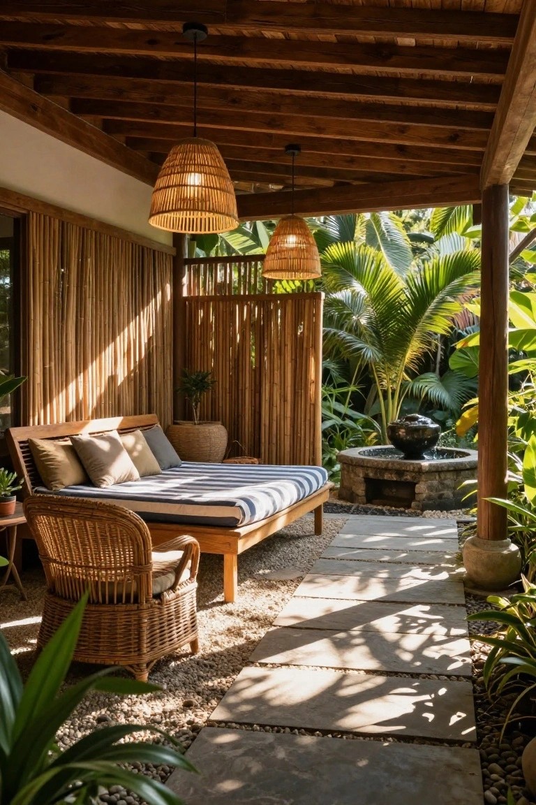 Covered wooden patio featuring a striped daybed, wicker chair, two hanging woven pendant lights, bamboo wall screens, stone pathway, and a small stone fountain surrounded by tropical plants.