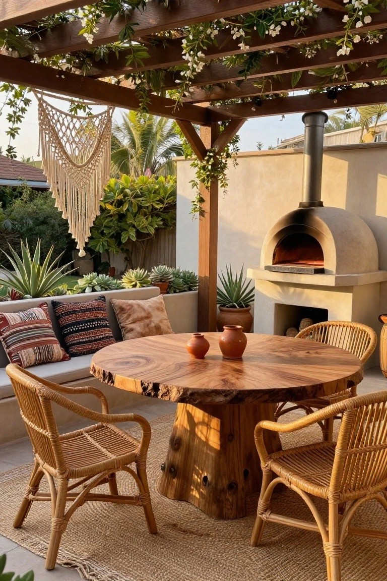 A round live-edge wooden dining table with a thick tree trunk base sits on a woven rug under a pergola, surrounded by rattan chairs and positioned near a built-in pizza oven.